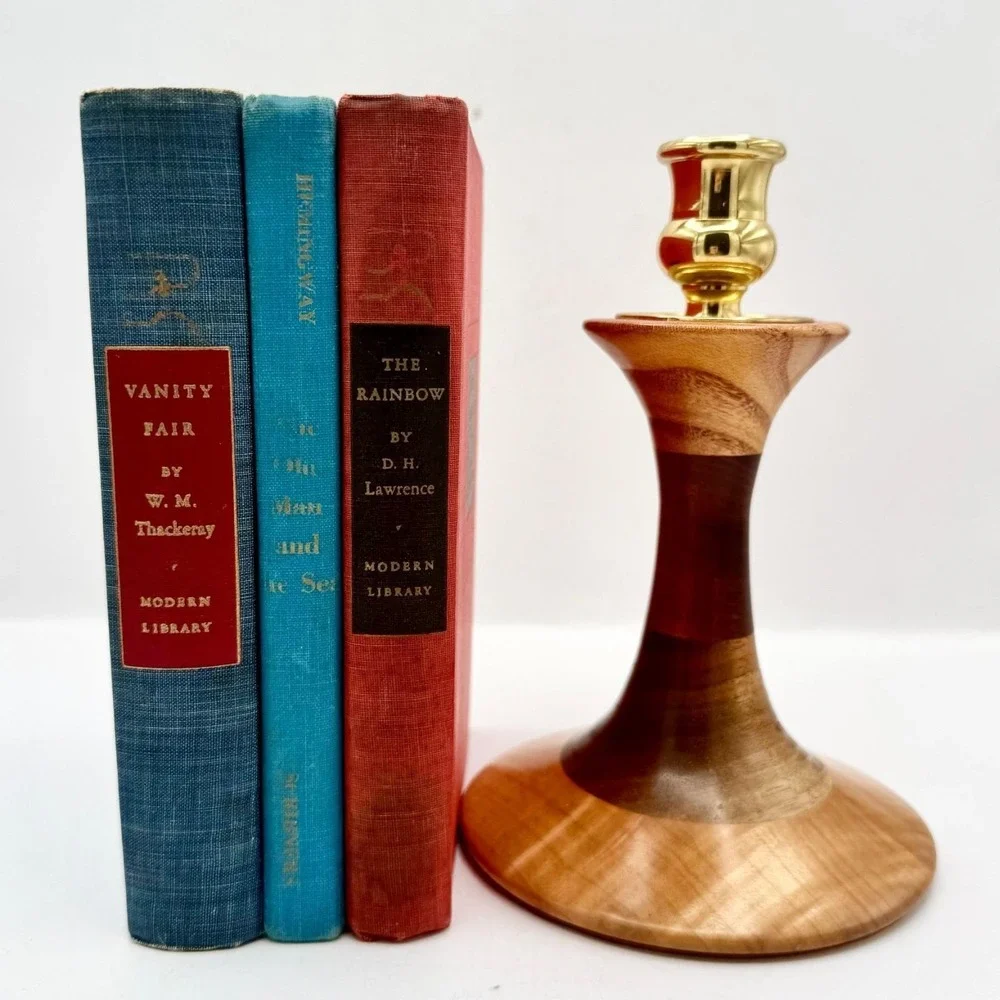 Turned Wood Brass Candlestick The Final Turn Artisan Signed Adirondack NY ~ 7
